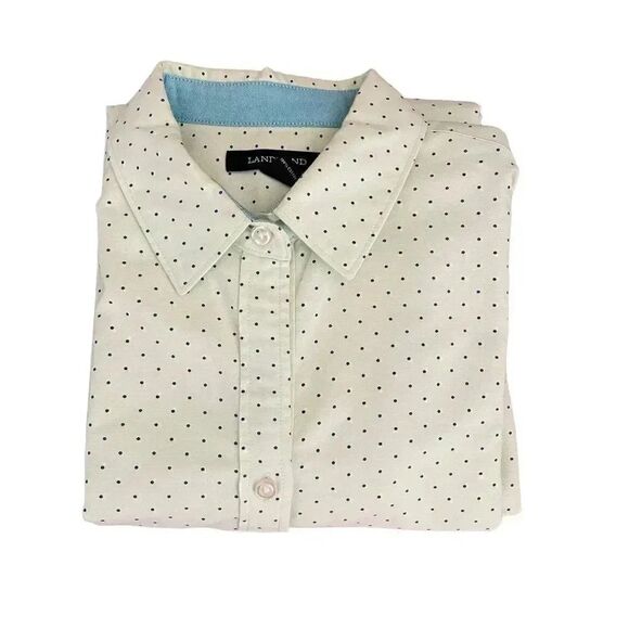 Lands’ End Button Down Collar Green Blue Polka Dots Long Sleeves Women Blouse 4 - Picture 5 of 10